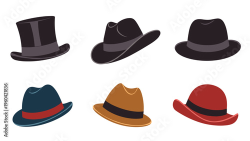 Selection of six classic hats in different colors and styles like top hats and fedoras are displayed against a white background.