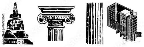 Ancient temple tower, Ionic column capital, vertical wood grain texture, modernist building cutaway, architectural motifs, historical design, structural forms, graphic.