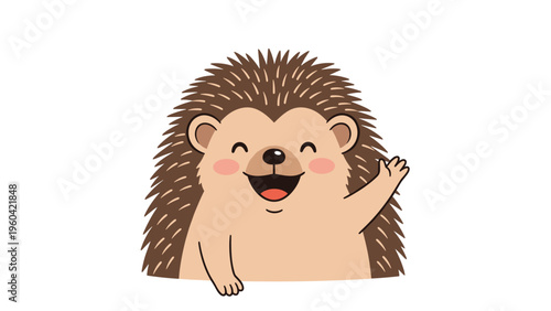 Cheerful brown hedgehog with rosy cheeks waves its paw with a big happy smile, looking very friendly and welcoming.