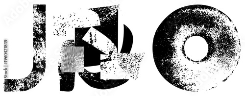 Graphic letters J, K, O with distressed textures, halftone dots, and layered geometric shapes, modern typographic art, isolated vector design.