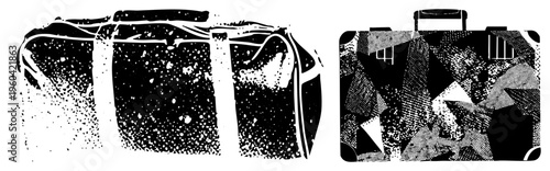 Graphic vector bags with halftone textures, travel suitcase and duffel, art, stylized carry on, luggage, retro print design.