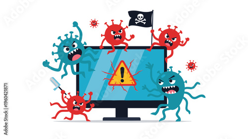 Group of angry red and blue virus monsters attack a computer screen with a large yellow warning sign in the middle.