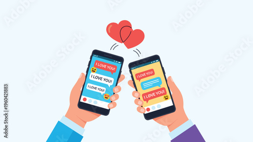 Two hands hold smartphones showing I love you messages with hearts floating above, representing digital romance and connection.