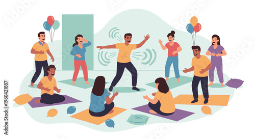 People are exercising and having fun with yoga mats and balloons indoors