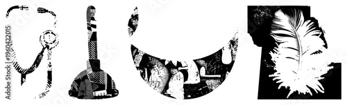 Black/white halftone vector stethoscope, plunger, gear, feather. Design elements for health, repair, nostalgia, nature. Bold texture, isolated assets.