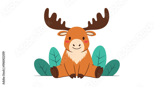 Friendly brown moose with large antlers and a small smile sits peacefully among green leaves on a clean white background.