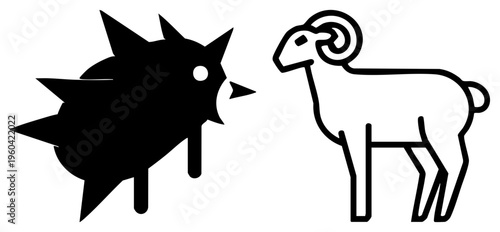 Stylized spiky animal confronting ram, minimalist art, flat vector graphic, symbolic confrontation, bold silhouette, cartoonish creatures.