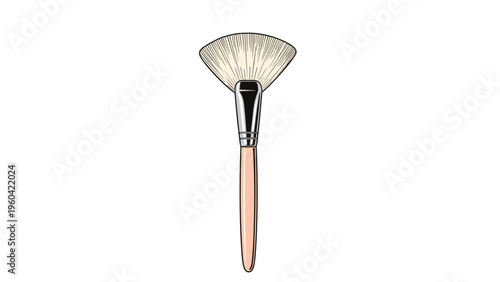 Fan shaped makeup brush with light bristles and a long wooden handle is centered vertically against a plain white background.
