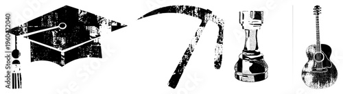 Set of four symbolic academic cap, harvesting, victory trophy, stringed guitar, rendered in gritty black and white vector style with distressed texture.