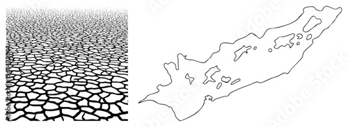 Arid cracked soil texture, dry earth, desert landscape, geological erosion, island map cutout, minimalist terrain design.