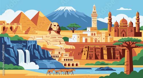 A serene landscape featuring pyramids, a waterfall, and a mosque under a blue sky with a snow-capped mountain in the background.