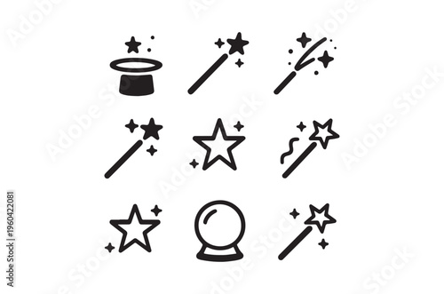 Collection of black and white magic icons hats wands and crystal balls