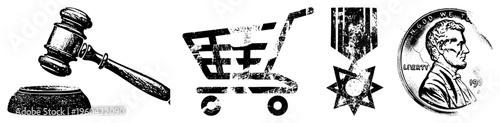 Legal gavel, shopping cart, military medal, and U.S. penny coin, vector symbols for justice, commerce, honor, and currency, graphic set.