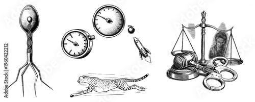 Classic engraving style artwork featuring bacteriophage, analog clocks, cheetah in motion,, scales of justice, and handcuffs symbolic of science, time, speed, law, and.