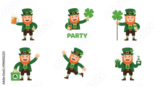 Collection of cute leprechaun characters in various poses celebrating Saint Patrick's Day with shamrocks, gold, and green holiday accessories.
