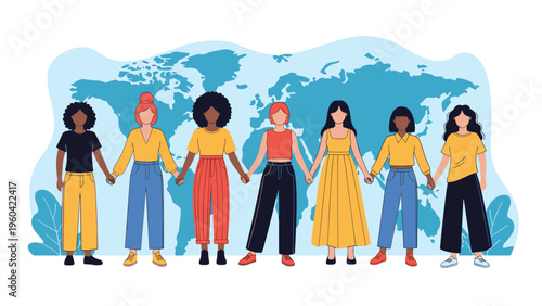 Group of women from various ethnicities holding hands together in front of a world map, symbolizing global unity and international sisterhood.