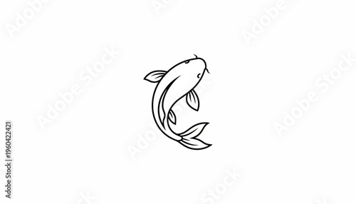 Minimalist Line Art of a Koi Fish Swimming Upwards on White Background