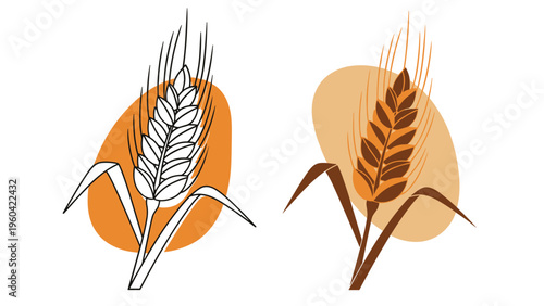 Pair of wheat stalks, one in black outline and one in full color, symbolizing agriculture, harvest, and healthy grain production on the farm.