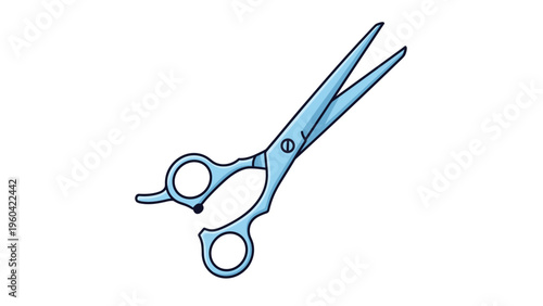 Pair of sharp metal hairdressing scissors with blue handles shown open and ready for use in a professional salon environment for hair stylists.