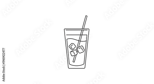 Minimalist line art of a refreshing iced drink with ice cubes and straw in a tall glass