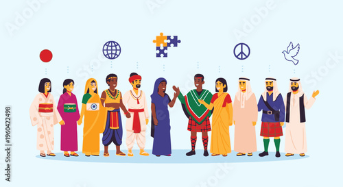 People from diverse cultures standing together in unity and harmony outdoors