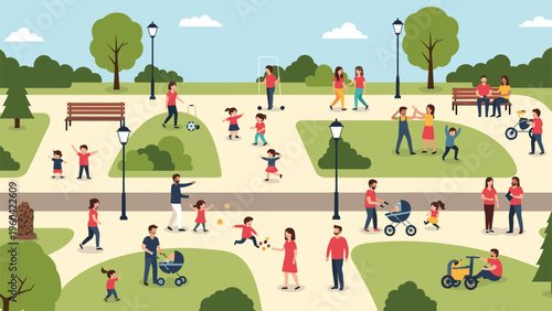 Busy summer day in a public city park with people of all ages enjoying various activities like walking, playing, and relaxing outdoors.