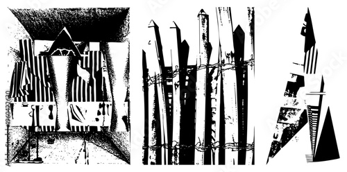 Stylized abstract shapes with halftone texture, sharp angular, graphic design elements, vector art, modern art composition.