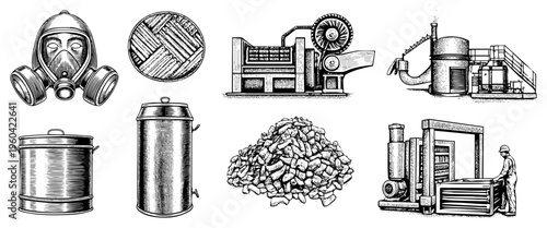 Gas mask, factory machinery, coal pile, industrial containers, worker at press, halftone engraved vector set, safety and production tools.