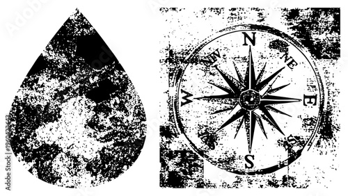 Weathered water droplet with speckled texture, distressed compass rose with cardinal points, vector design, navigation symbol, directional tool, weather motif.
