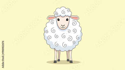 Fluffy white sheep with curly wool standing calmly on a yellow background, depicted as a simple and charming animal character for children.