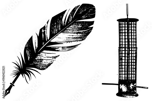 Classic quill pen with feather ink reservoir, vintage writing tool, bird feeder cage, rustic illustration, literary symbol, nature.