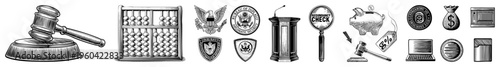 Legal gavel, abacus, government seals, podium, magnifying glass over check, piggy bank with discount tag, laptop, money bag classic for justice, finance, and commerce.