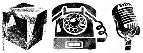 Retro tech halftone cube, rotary phone, vintage mic perfect for design, branding, UI. Synonyms analog comm symbols, classic tools.