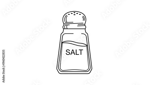 Simple black and white line drawing of a glass salt shaker filled with salt, ready for use at a kitchen table or professional restaurant.