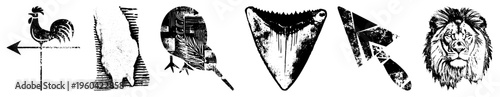 Black and white vector rooster weather vane, shark tooth, lion head, abstract arrows, and stylized bird. Flat, graphic, symbolic, isolated elements.