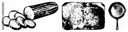Vector illustration of cucumber slices, rustic brick, and vintage skillet, black and white halftone style, food prep and construction elements, culinary and masonry tools.