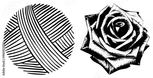Hand drawn yarn skein and rose rendered in halftone style, vector art, craft and design elements, isolated graphic assets.