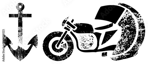 Vintage nautical anchor and motorcycle, distressed stencil art, bold black, gritty texture, maritime and biker motifs.