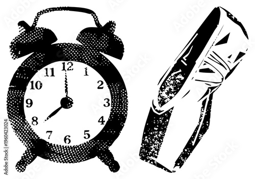 Retro alarm clock with bells and analog dial, beside rolled newspaper with halftone texture, classic morning routine, black and white graphic, vector art, newsprint motif.
