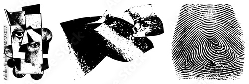 Fragmented cubist portrait with geometric eye shapes, halftone dot, abstract facial fragments, black and white vector art, modernist design.