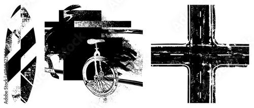 Stylized road intersection, unicycle silhouette, traffic sign fragment all rendered in gritty halftone vector art, urban transit motifs, isolated graphic elements.