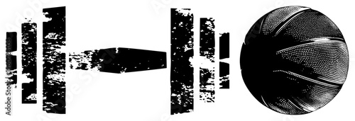 Graphic combo of basketball and barbell with distressed halftone texture, sport equipment, athletic gear, fitness and hoops.