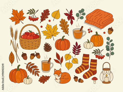 A vibrant collection of hand-drawn autumn elements including colorful fall leaves, pumpkins, apples, warm drinks, a cozy blanket, socks, a sleeping fox, and festive decorations.