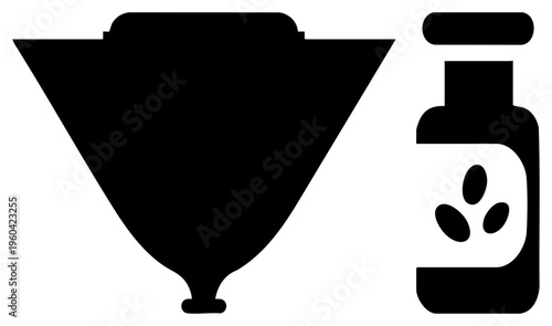 Pour over coffee filter cone and jar with beans, minimalist brew tools, coffee preparation, flat design, barista essentials.