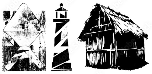 Black and white vector illustrations of windmill, lighthouse, and thatched hut with textured halftone effect, rustic architectural, isolated graphic elements for design use.