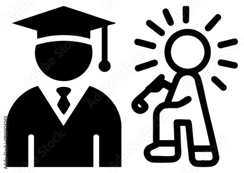 Academic graduate in cap and gown, enlightened thinker with radiant aura, educational, learning symbols, knowledge representation.