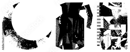 Fragmented circular forms, shattered polygonal blocks, distressed halftone textures, graphic design elements, vector art, black and white composition, stylized abstraction.