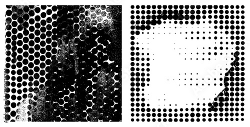 Black and white halftone dots forming gradient transition, stippling texture, graphic design element, vector art, printmaking effect, visual rhythm,.