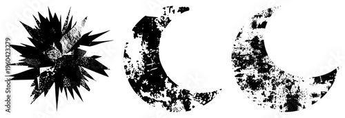 Distressed starburst graphic and weathered moons, gritty vector, abstract design elements, halftone texture, aesthetic.