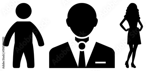 Black silhouette of person, businessman, and woman, flat vector graphic, user interface elements, avatar placeholders, digital set.